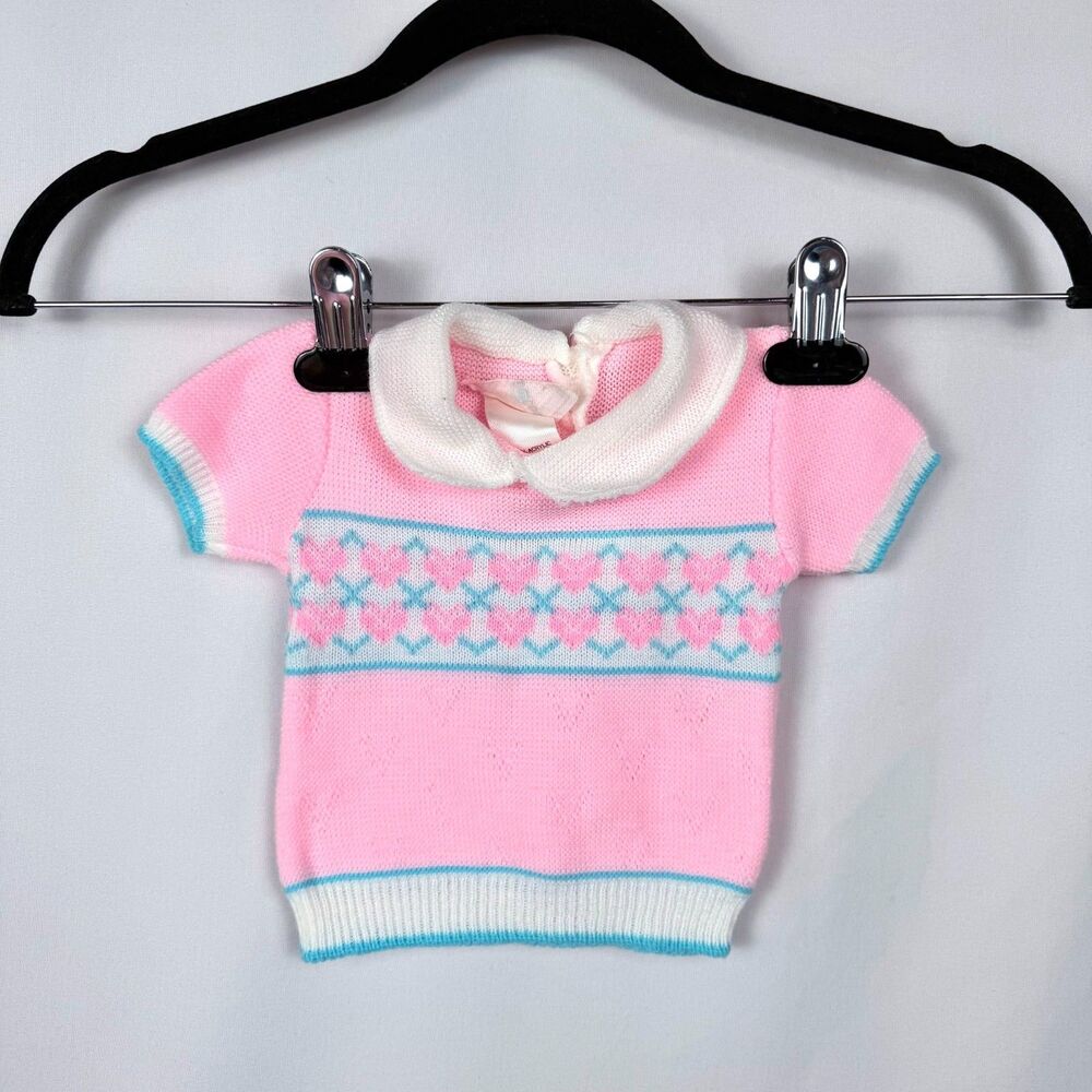 Retro Knit Collared Sweater w/bloomers Pink/Teal hearts 6 months